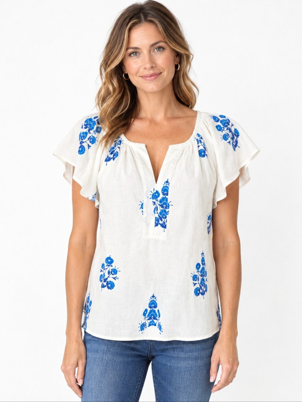 Melissa Nepton Blossom Blouse M Blue Floral Linen Cotton F